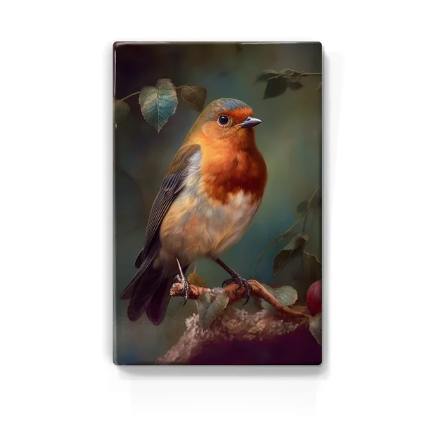 387 Roodborstje close-up op houten paneel(tje)