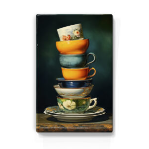 Artchoices exclusive: 036. Stapel kopjes groene achtergrond op houten paneel(tje) groot