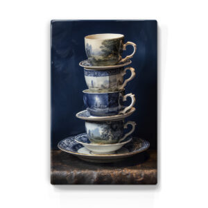 Artchoices exclusive: 037. Stapel kopjes Delfts blauw op houten paneel(tje) groot