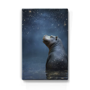Een majestueus nijlpaard staat rustig in ondiep water onder een betoverende sterrenhemel. Boven hem strekt zich een nachtelijke hemel uit, bezaaid met ontelbare glinsterende sterren en een zachte gloed van de Melkweg. Het nijlpaard kijkt omhoog met een serene blik, vol verwondering over de schoonheid van het universum. De sfeer is vredig en kalmerend, en nodigt uit tot contemplatie en verbondenheid met de kosmos.