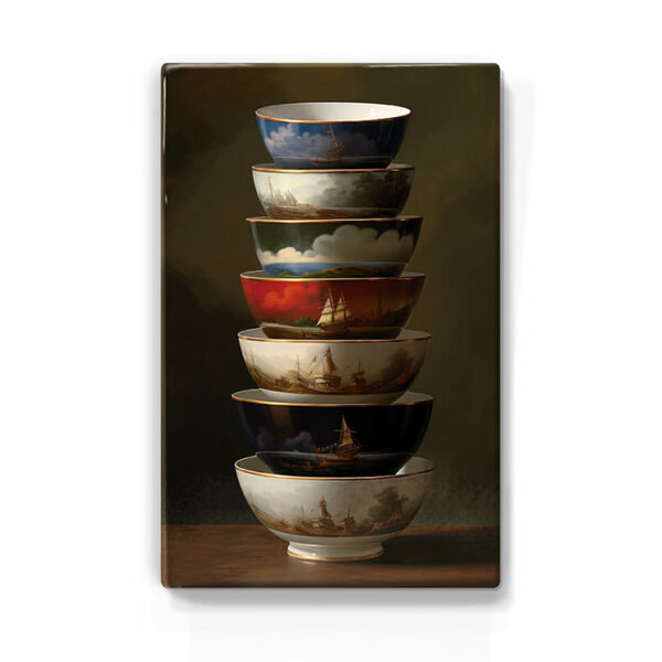 104. Kommetjes met schepen details op houten paneel(tje)