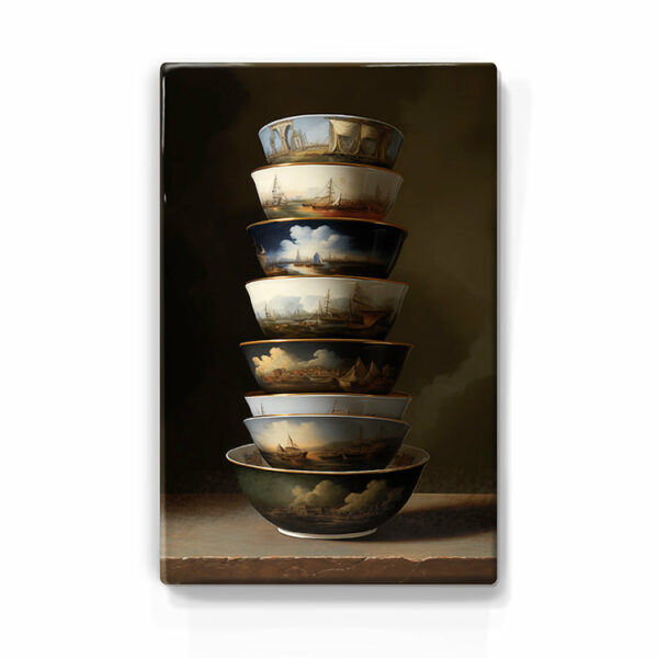 106. Kommetjes met schepen details op houten paneel(tje)