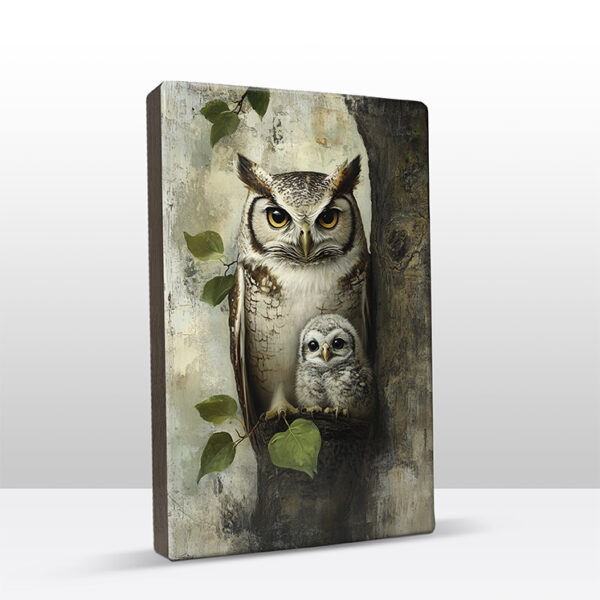 116. Uil met kleintje op houten paneel(tje) - Afbeelding 3