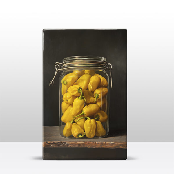 123. Gele pepers in een glazen pot op houten paneel(tje) - Afbeelding 3