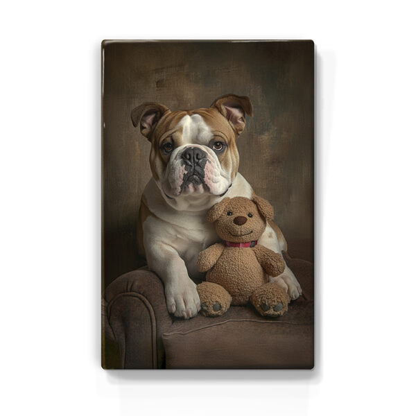 125. Engelse bulldog met knuffelbeertje op houten paneel(tje)