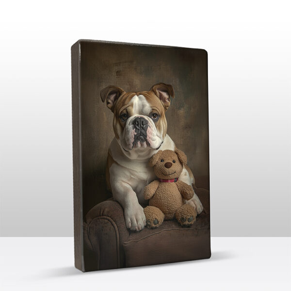 125. Engelse bulldog met knuffelbeertje op houten paneel(tje) - Afbeelding 2
