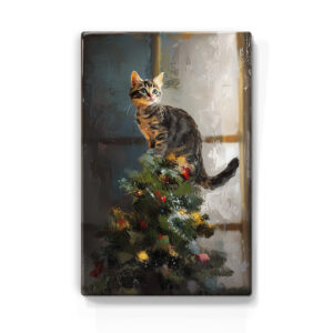 151. Kerstboom met kat in de top op houten paneel(tje)