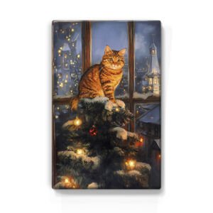 153. Kerstboom met kat in de top 3 op houten paneel(tje)
