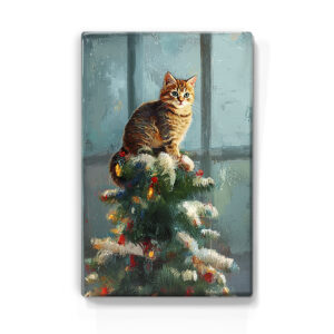 154. Kerstboom met kat in de top 4 op houten paneel(tje)