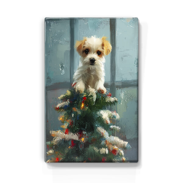 156. Kerstboom met hondje in de top op houten paneel(tje)