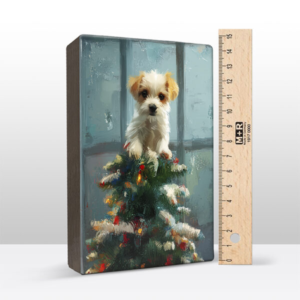 156. Kerstboom met hondje in de top op houten paneel(tje) - Afbeelding 2