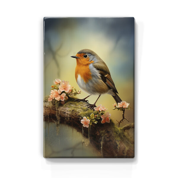 187. Roodborstje op tak met bloemen op houten paneel(tje) - Afbeelding 7