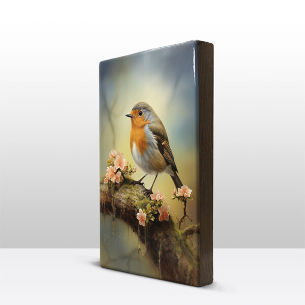 187. Roodborstje op tak met bloemen op houten paneel(tje) - Afbeelding 5