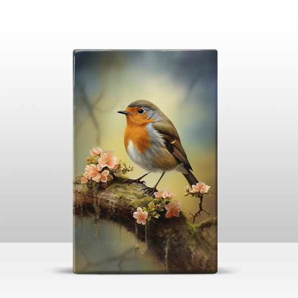 187. Roodborstje op tak met bloemen op houten paneel(tje) - Afbeelding 4