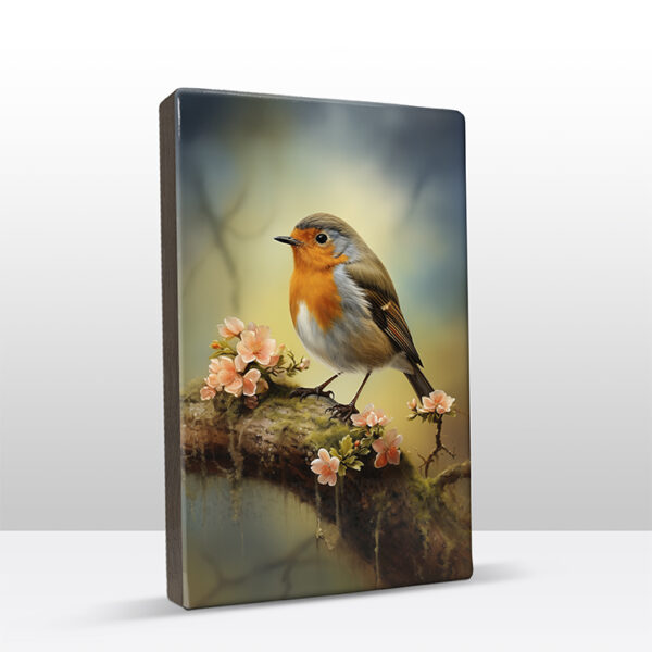 187. Roodborstje op tak met bloemen op houten paneel(tje) - Afbeelding 3